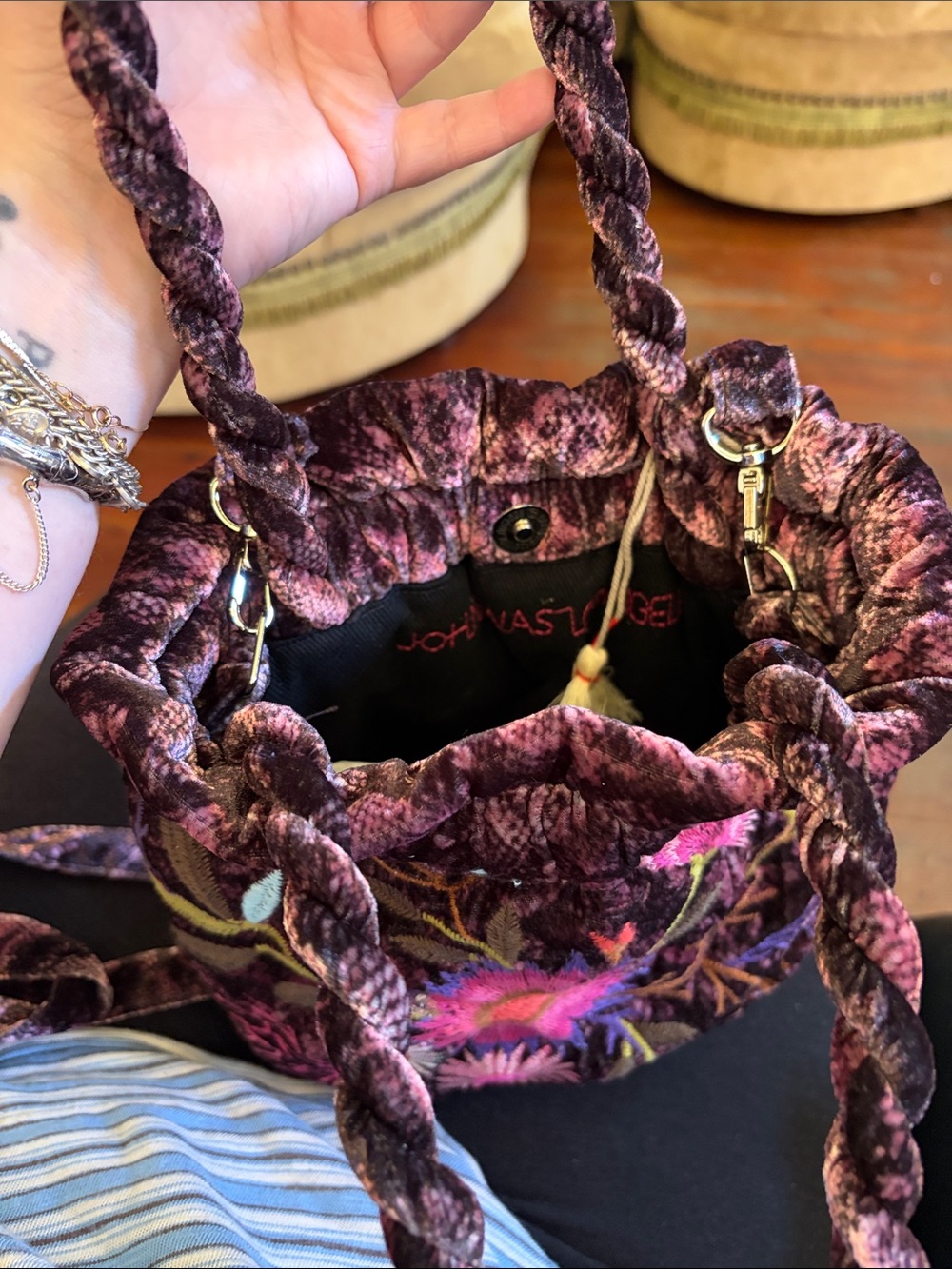 Johnny Was Plum Velvet Mini Drawstring Bag with Multicolor Floral Embroidery - Picture 2 of 5